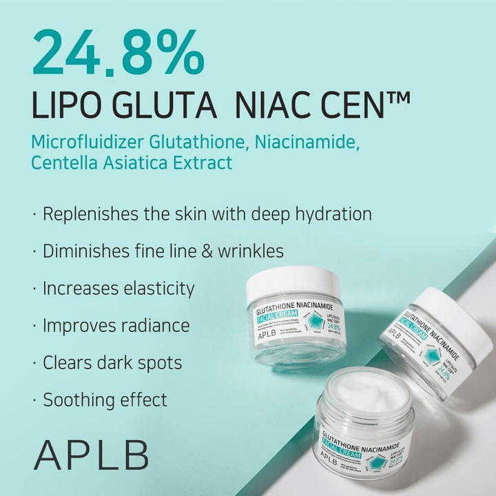APLB Glutathione Niacinamide Facial Cream 24.8% Lipo Gluta Niac Cent with deep hydration, anti-aging effect, and improved skin tone