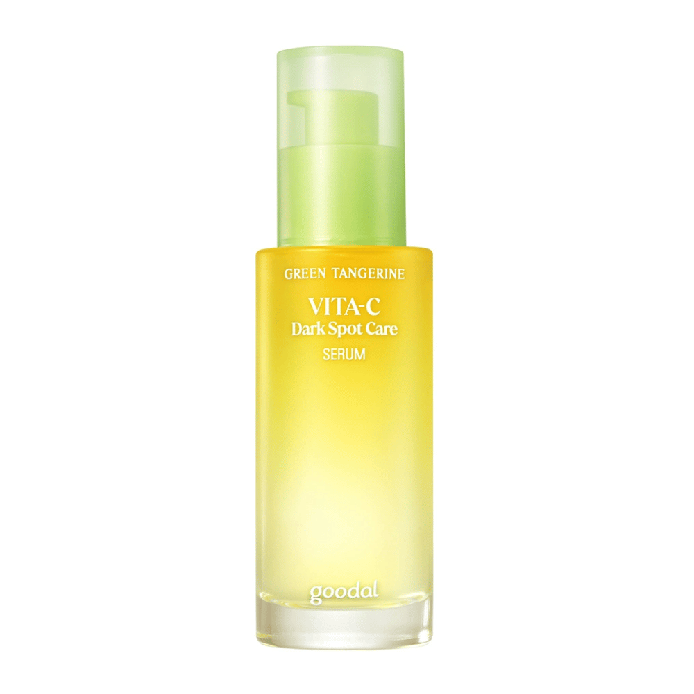 A bottle Green Tangerine Vita C Dark Spot Care Serum 40ml from Goodal for hyperpigmentation on a white background.