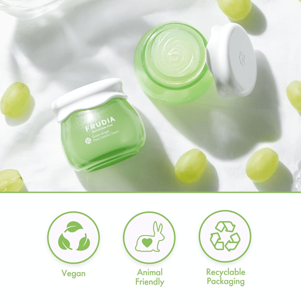 FRUDIA Green Grape Pore Control Cream with green grape extract, vegan face cream that minimizes pores, balances sebum, and offers recyclable packaging.