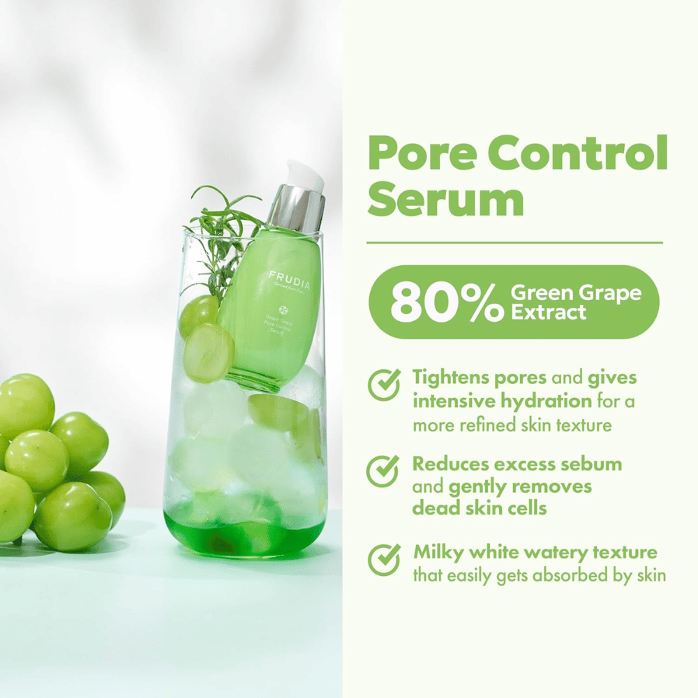 Frudia Green Grape Pore Control Serum that tightens pores, reduces excess sebum, and is quickly absorbed with a light, milky texture for fresh and balanced skin.