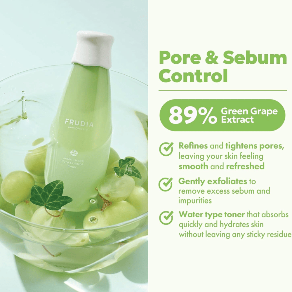 Frudia Green Grape Pore Control Toner with 89% green grape extract that refines pores, reduces excess sebum, and hydrates the skin with a light, fast-absorbing toner without a sticky feel.