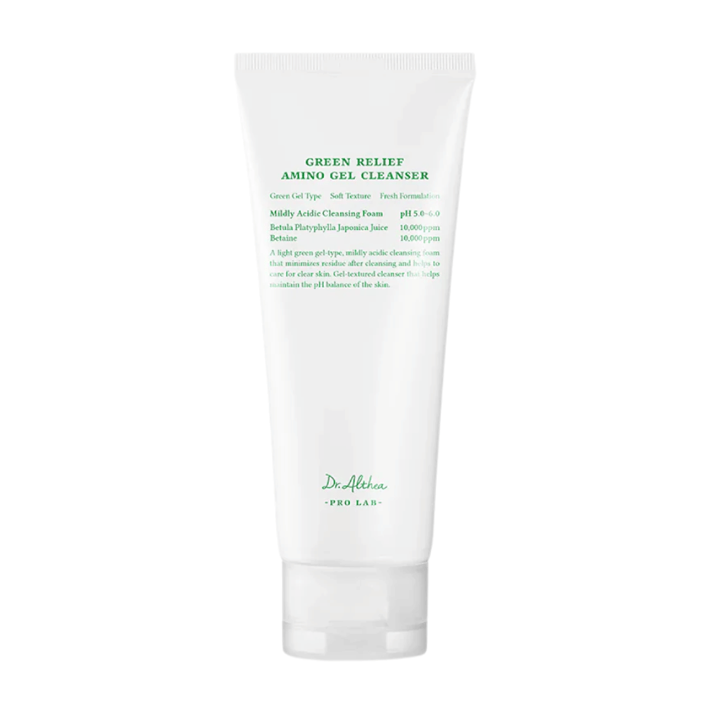 The product shows Dr. Althea Green Relief Amino Gel Cleanser – a mild, vegan cleansing gel with a light green formula and pH 5.0–6.0 for sensitive skin.