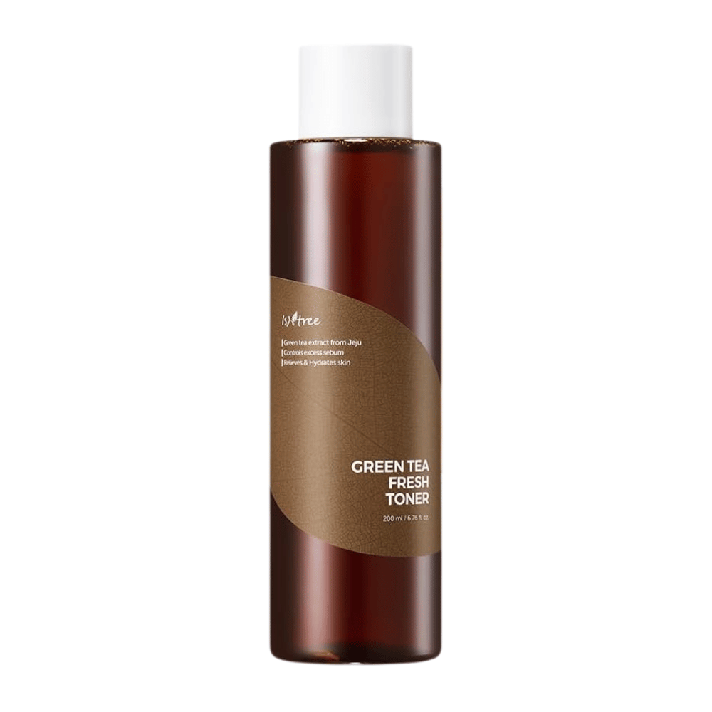 Product image of Isntree Green Tea Fresh Toner against a white background. The oil-balancing toner with green tea from Jeju helps control excess sebum while moisturizing and soothing the skin.