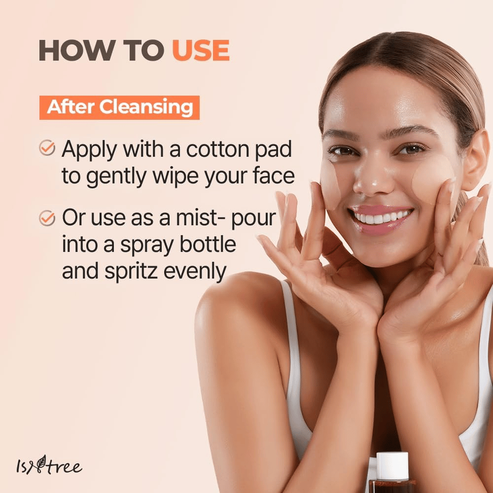A model shows how Isntree Green Tea Fresh Toner is used after cleansing. The toner is applied with a cotton pad or can be poured into a spray bottle to be used as a refreshing facial mist.