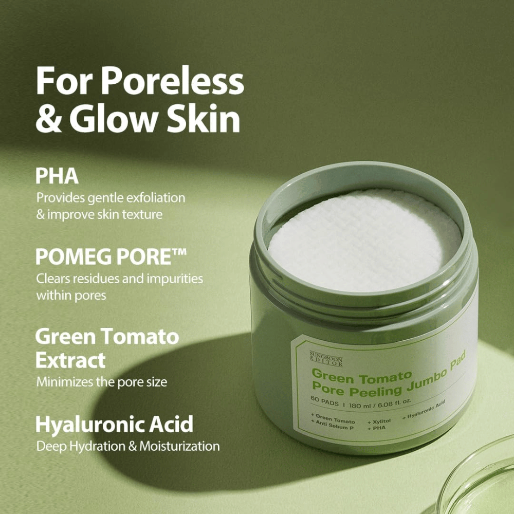 SUNGBOON EDITOR Green Tomato Pore Peeling Jumbo Pad – exfoliating pads with PHA, green tomato extract, and hyaluronic acid