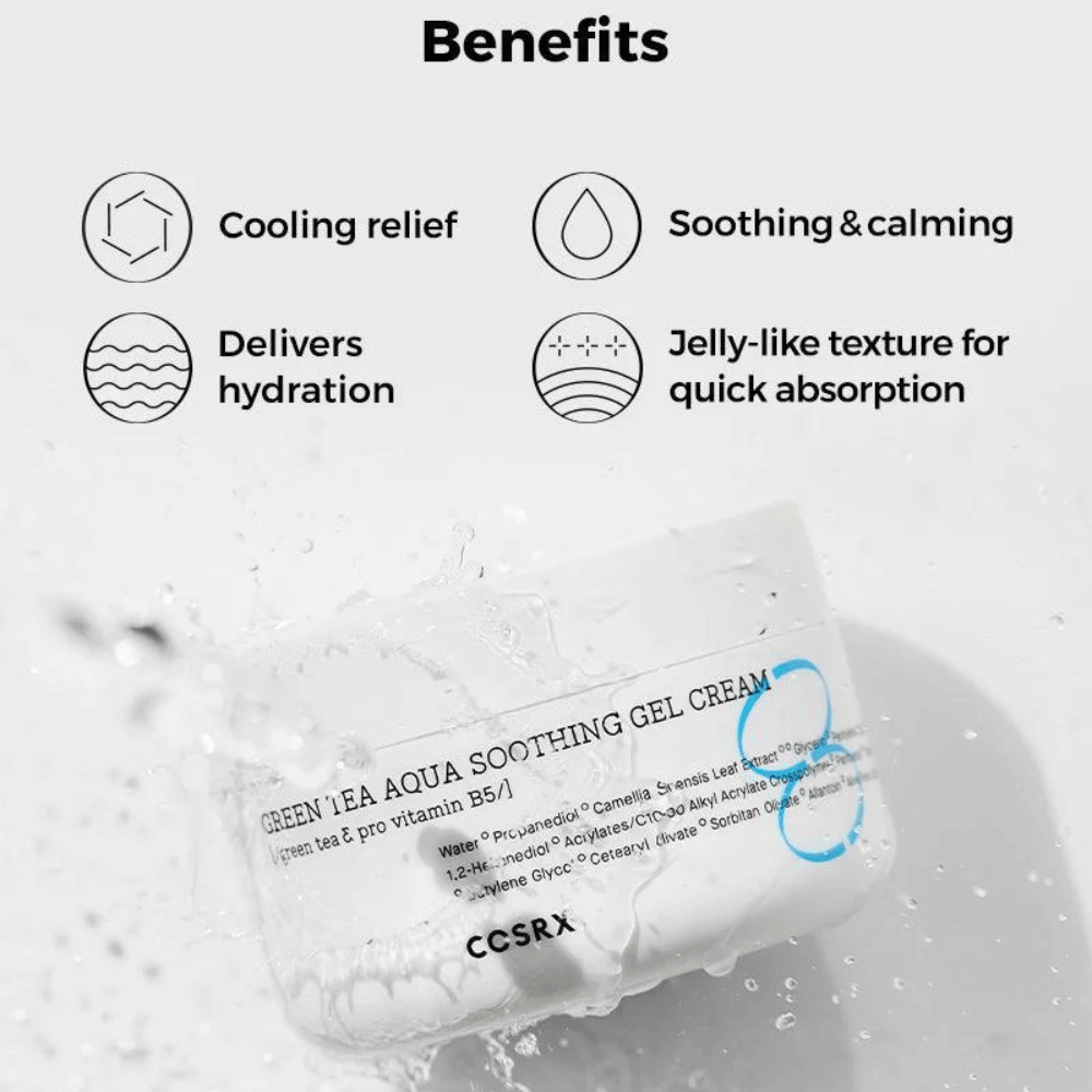 COSRX Green Tea Aqua Soothing Gel Cream – Benefits: cooling effect, soothing and caring, intense moisturizing, and gel-like texture for quick absorption.