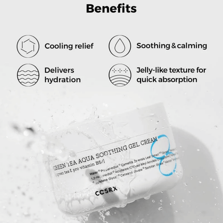 COSRX Green Tea Aqua Soothing Gel Cream – fördelar: kylande effekt, lugnande och vårdande, intensiv återfuktning och gel-liknande textur för snabb absorption.