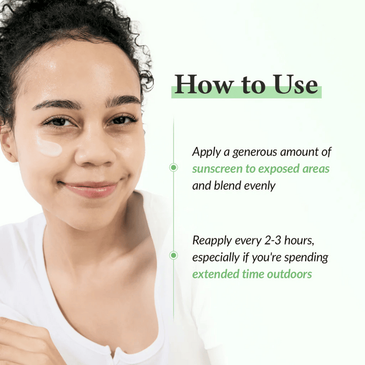 Leende kvinna med solkräm applicerad på kinden, bredvid instruktioner om hur man använder solskydd – applicera rikligt, blanda jämnt och återapplicera var 2–3 timme vid utomhusvistelse.