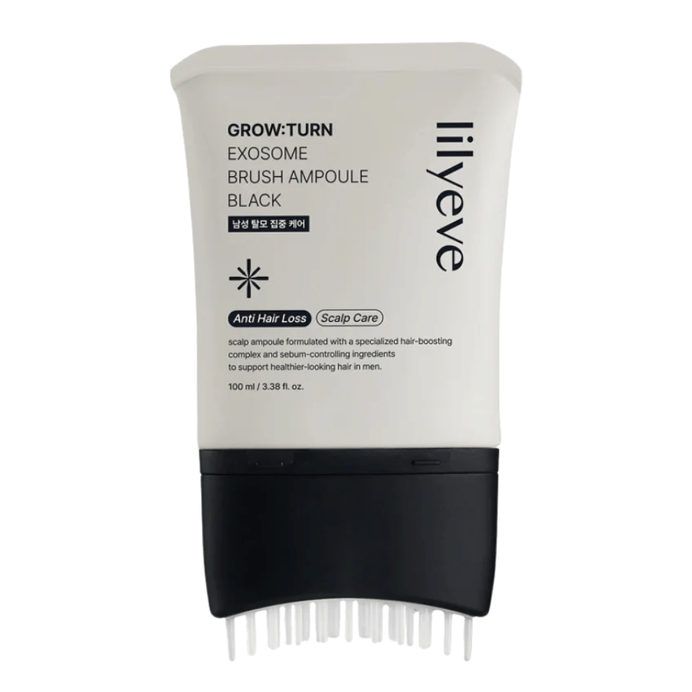 Cut-out product image of LILYEVE Grow:Turn Exosome Brush Ampoule Prime against a white background. The integrated brush applicator makes it easy to apply the serum directly to the scalp for daily hair and scalp care.