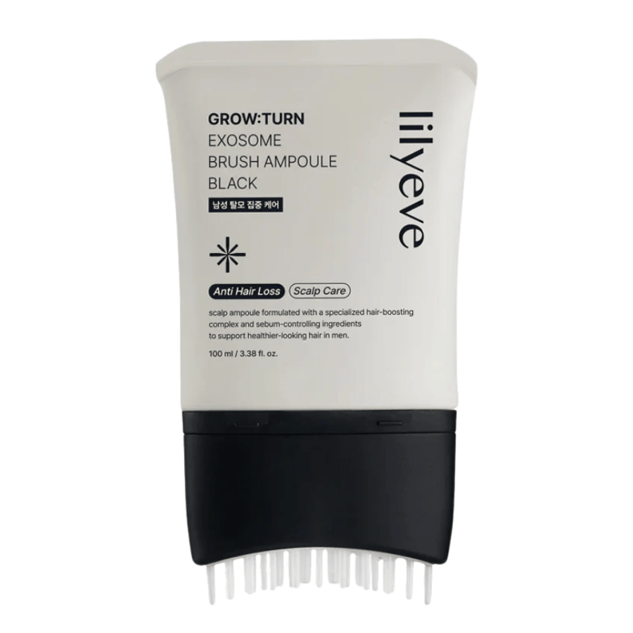 Cut-out product image of LILYEVE Grow:Turn Exosome Brush Ampoule Prime against a white background. The integrated brush applicator makes it easy to apply the serum directly to the scalp for daily hair and scalp care.