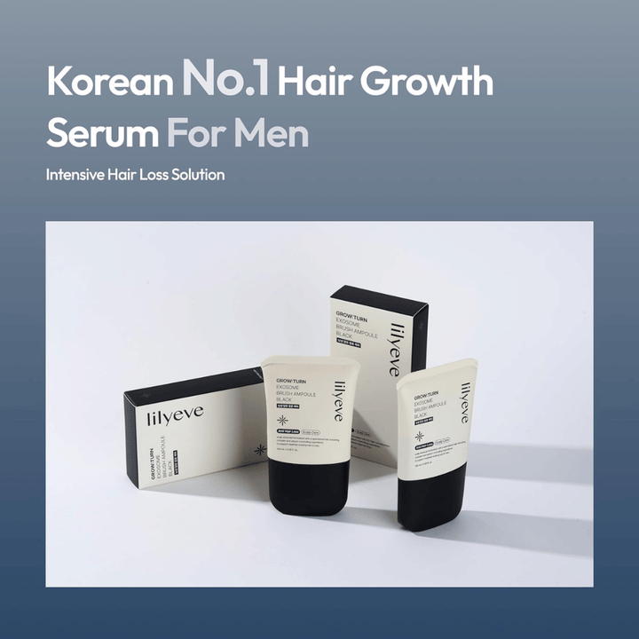 Product and packaging image of LILYEVE Grow:Turn Exosome Brush Ampoule Prime. The image highlights the serum as a hair care product developed for men with a focus on scalp care and hair loss-related needs.