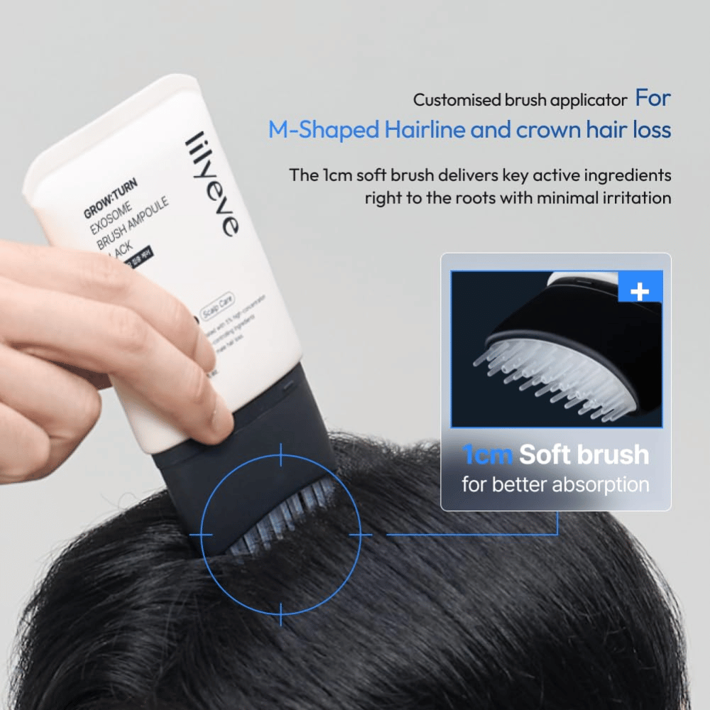 Person applying LILYEVE Grow:Turn Exosome Brush Ampoule Prime directly to the scalp with the integrated soft brush applicator. The image shows how the formula reaches the hair roots for targeted care for hair loss and thinning hair.