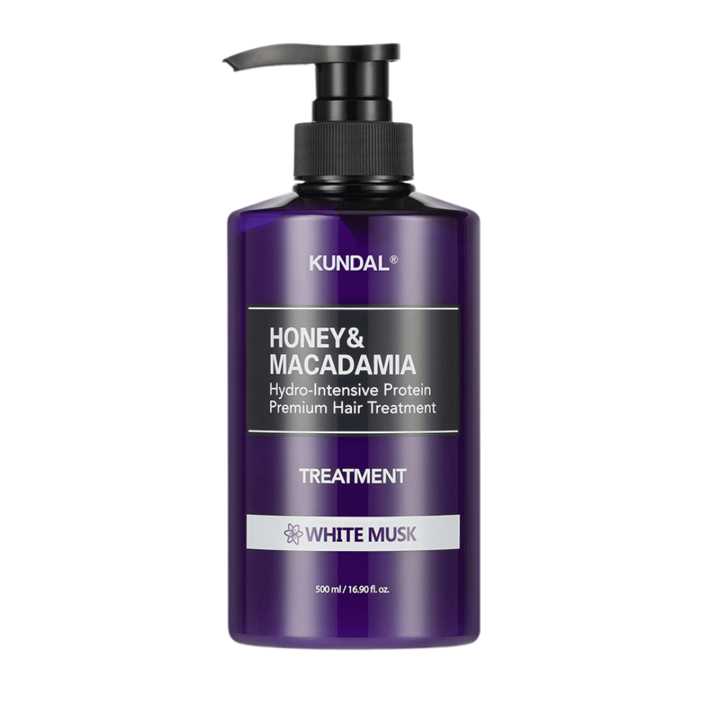 KUNDAL Honey & Macadamia Hydro-Intensive Protein Premium Hair Treatment White Musk in purple pump bottle, 500 ml.