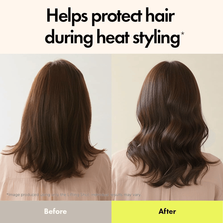 Before-and-after image showing the effect of Grabity Hair Lifting Shot. The hair looks fuller, more defined, and better protected during heat styling after use.
