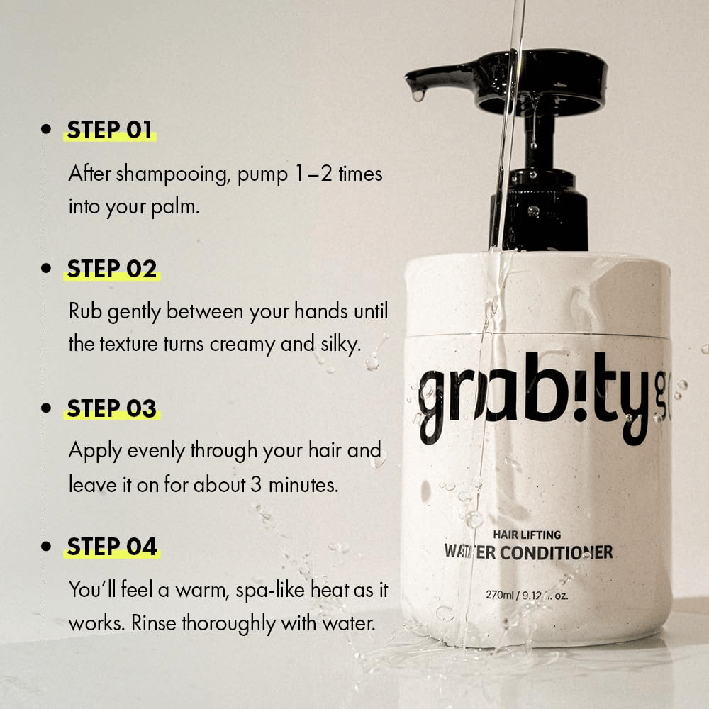 Instructional image for Grabity Hair Lifting Water Conditioner showing how the product is used after shampooing to provide care, shine, and a fuller-looking hair appearance.