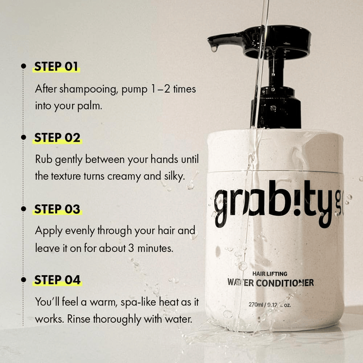 Instructional image for Grabity Hair Lifting Water Conditioner showing how the product is used after shampooing to provide care, shine, and a fuller-looking hair appearance.