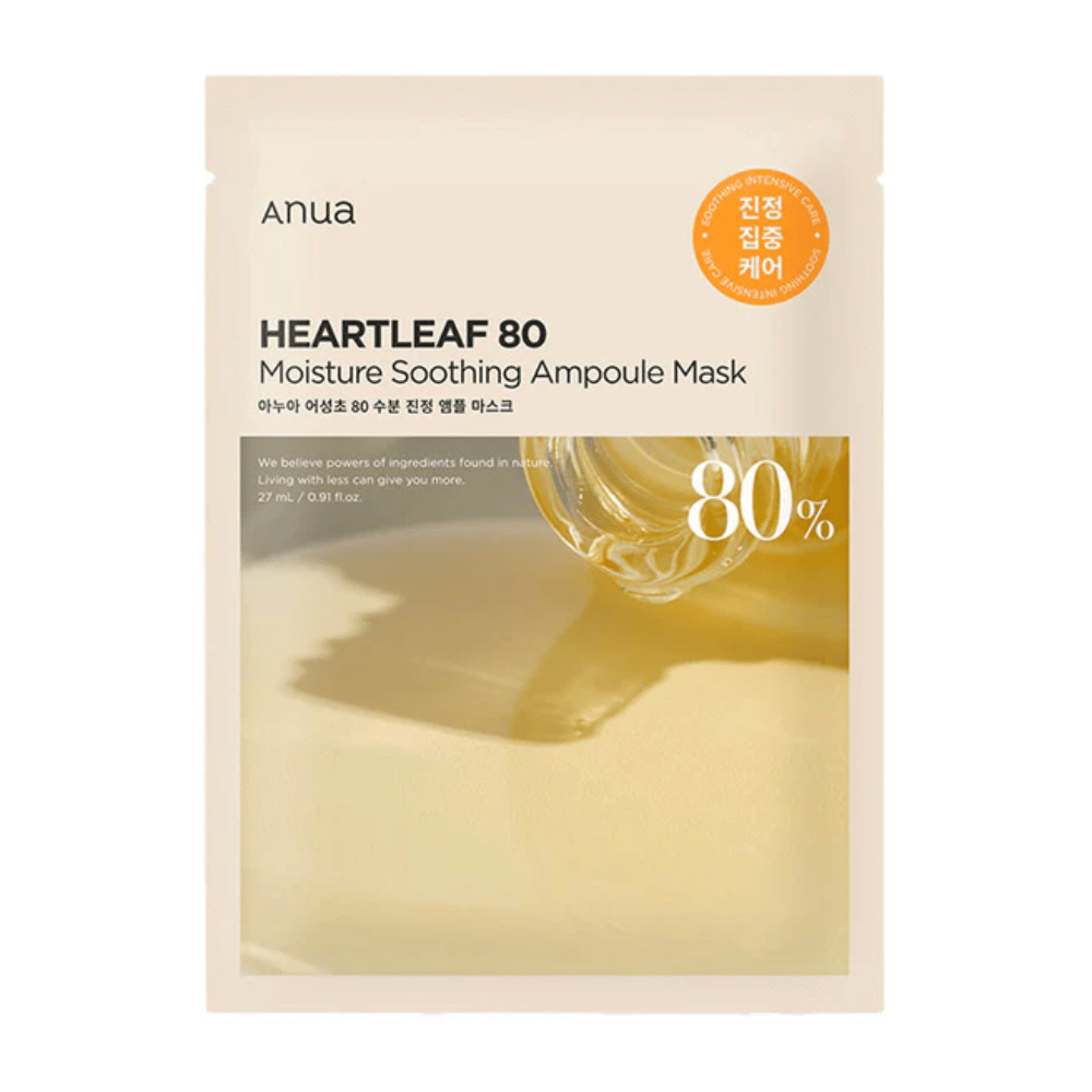 The packaging for Anua Heartleaf 80 Moisture Soothing Ampoule Mask shows a thick, golden liquid dripping onto a surface, with a clear label showing 80% main ingredient. The design is minimalist with neutral colors.