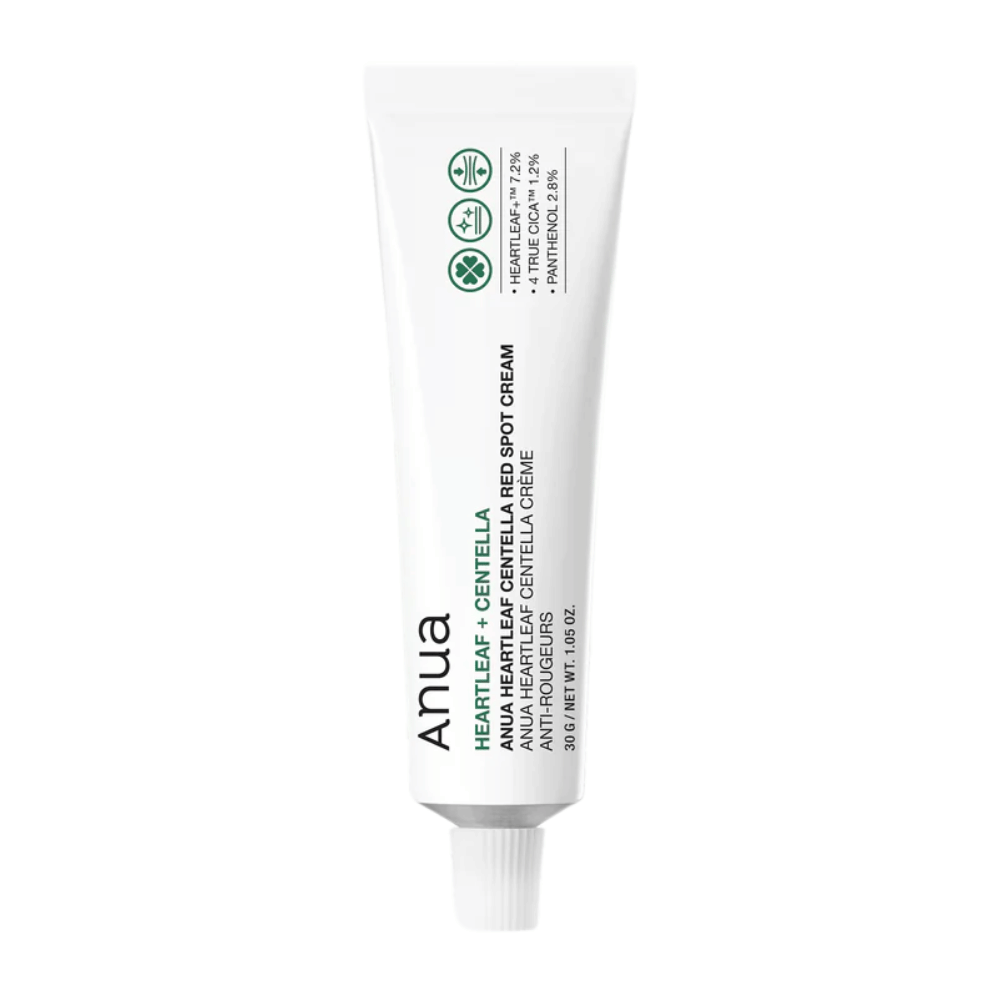 Anua Heartleaf Centella Red Spot Cream in white tube, a spot treatment cream with centella to soothe the skin and strengthen the moisture barrier.