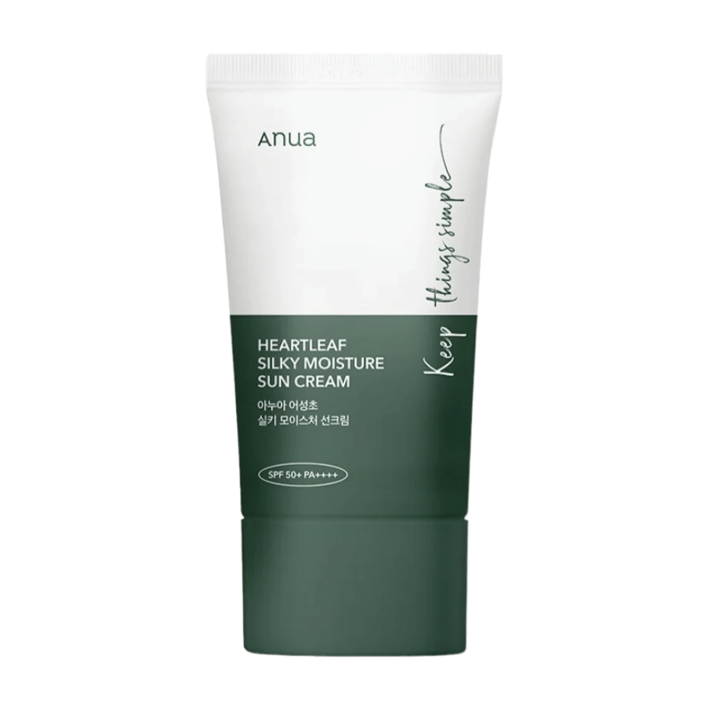A tube of "Heartleaf Silky Moisture Sun Cream" from Anua, SPF 50+ PA++++.