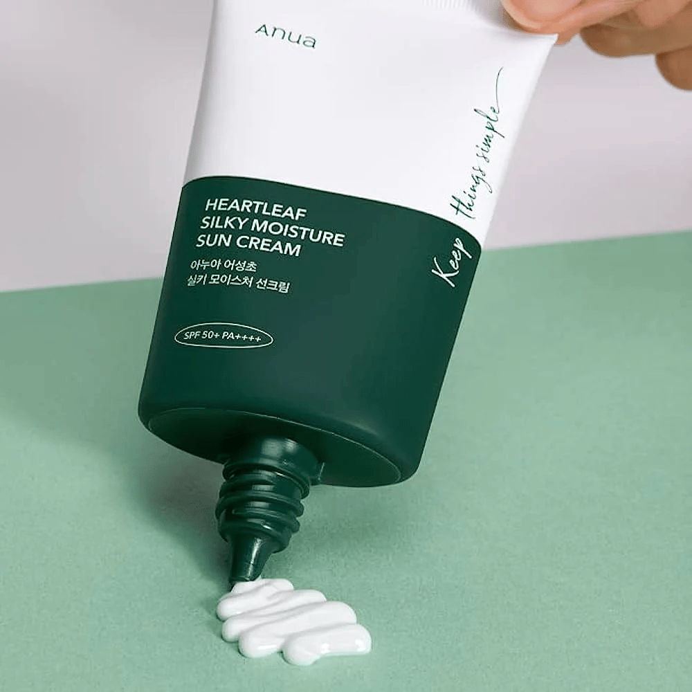  Sunscreen from Anua, "Heartleaf Silky Moisture", is squeezed out of the tube.