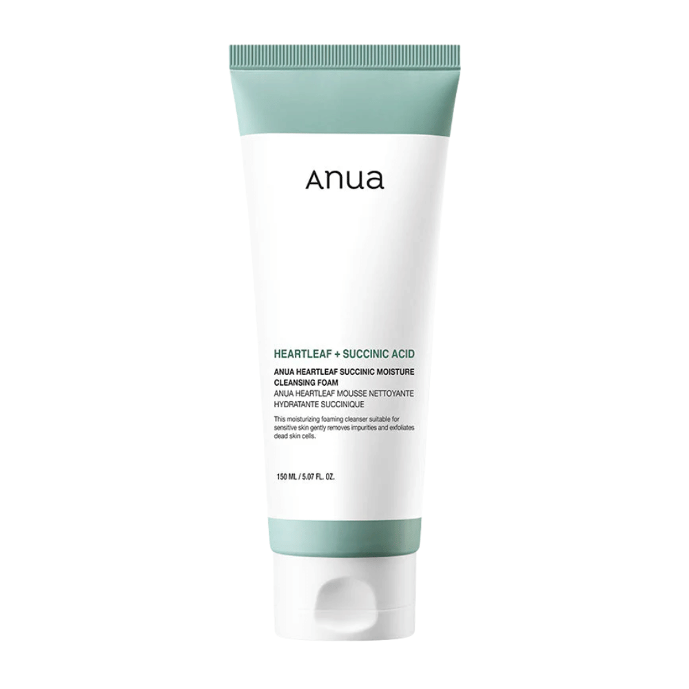 Cut-out product image against a neutral background showing Anua Heartleaf + Succinic Acid Moisture Cleansing Foam in detail. The image focuses on the product's packaging, size, and design for a clear product presentation.