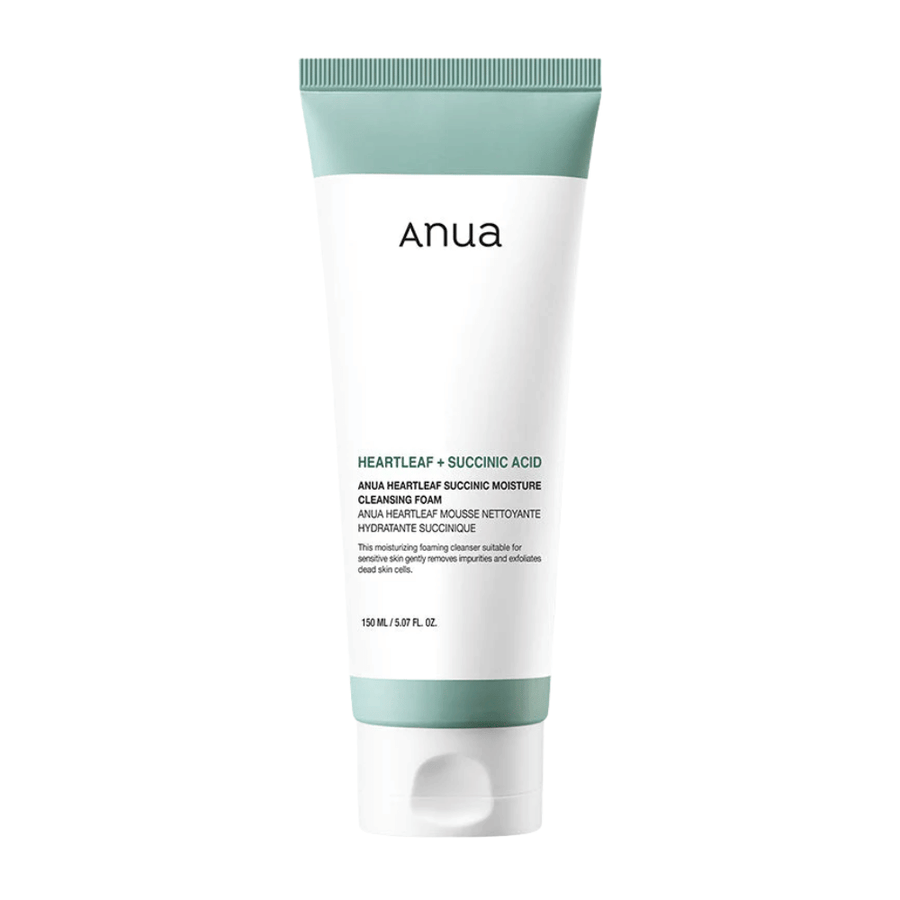Cut-out product image against a neutral background showing Anua Heartleaf + Succinic Acid Moisture Cleansing Foam in detail. The image focuses on the product's packaging, size, and design for a clear product presentation.
