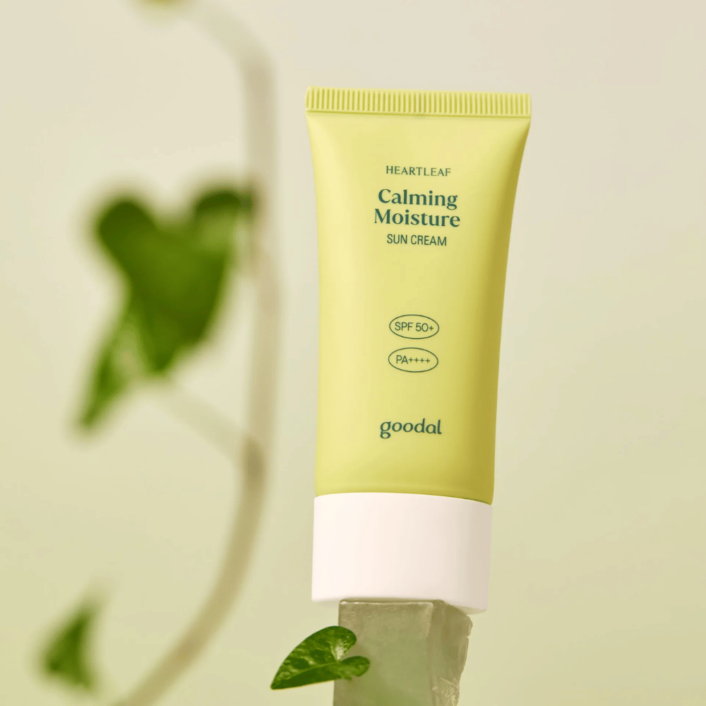 Goodal Heartleaf Calming Moisture Sun Cream SPF50+ PA++++ placed on a glass surface with a green plant in the background – a soothing sunscreen for sensitive skin.