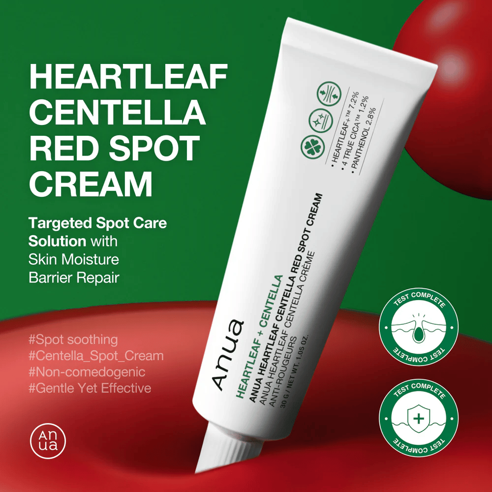 Anua Heartleaf Centella Red Spot Cream in white tube presented against green background, focusing on spot treatment, moisture barrier repair, and tested gentle formula.