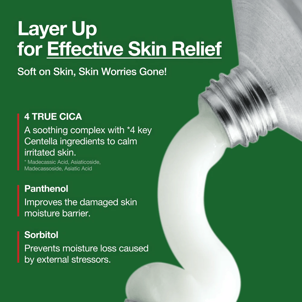 Anua Heartleaf Centella Red Spot Cream with white cream pressed out of tube, highlighted ingredients like 4 True Cica, Panthenol and Sorbitol for calming and moisturizing effect.