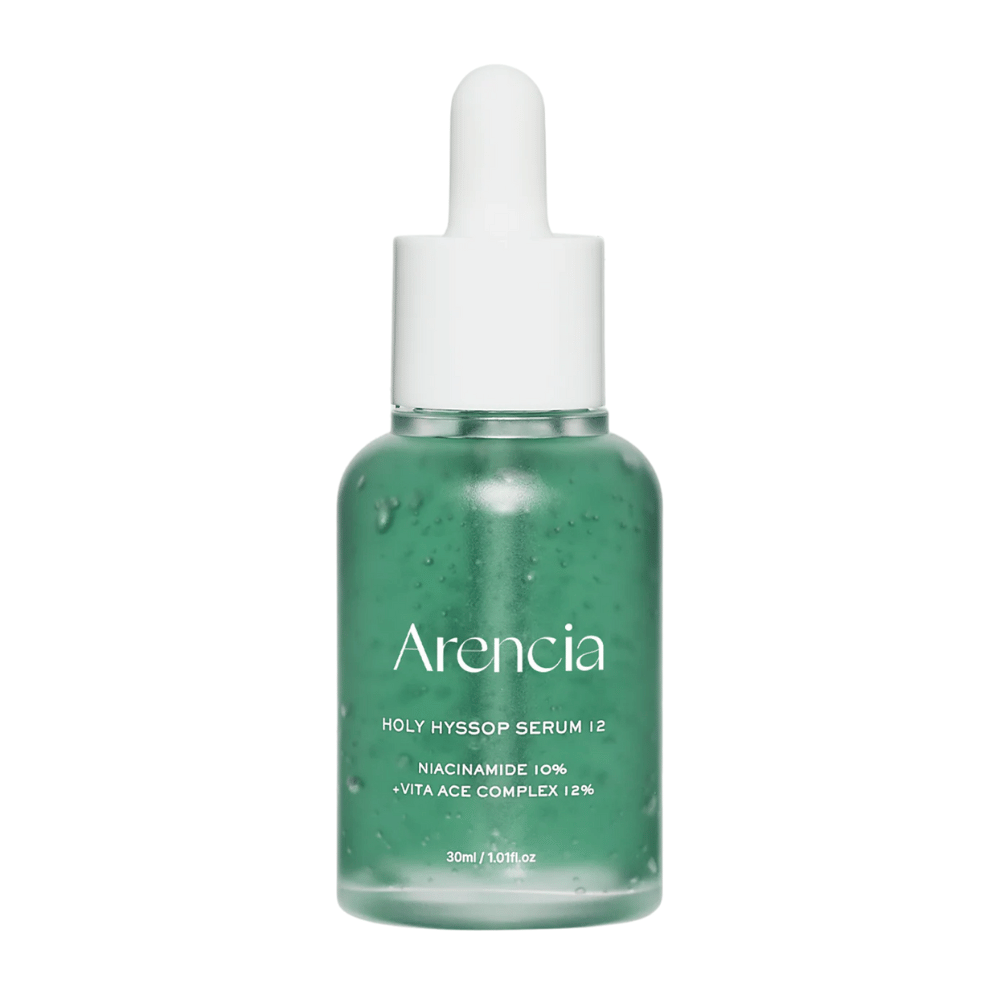Arencia Holy Hyssop Serum 12 in green glass bottle with pipette, facial serum with niacinamide 10% and vitamin ACE complex 12%.