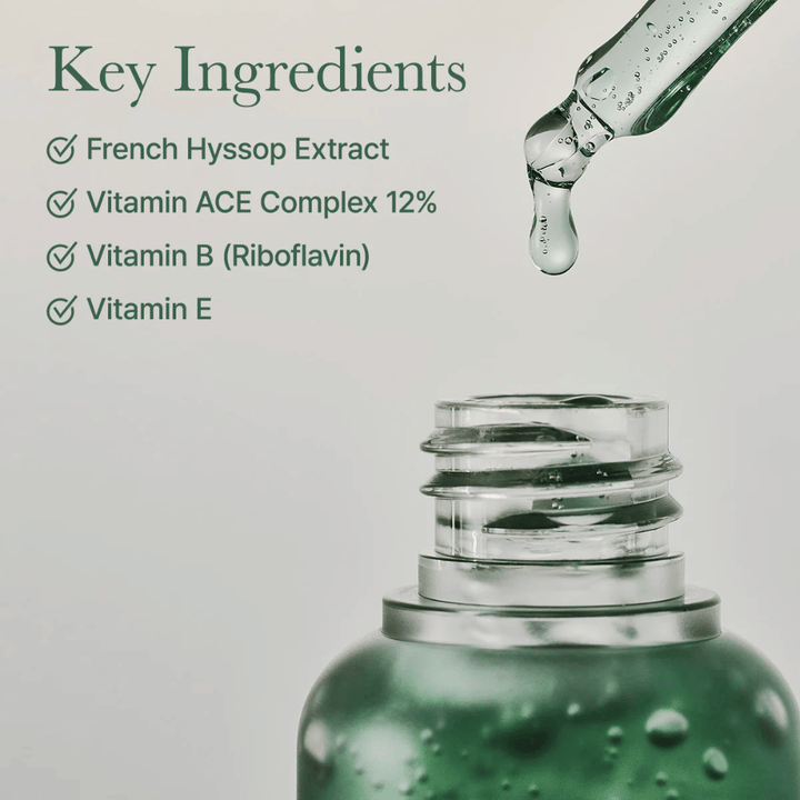Close-up of serum bottle with pipette and text about key ingredients like hyssop extract, vitamin ACE complex, and vitamin E.