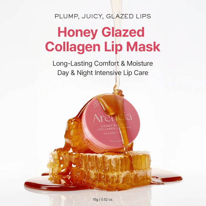 Campaign image showing the product together with flowing honey and honeycomb to illustrate the nourishing and moisturizing formula with collagen and honey.