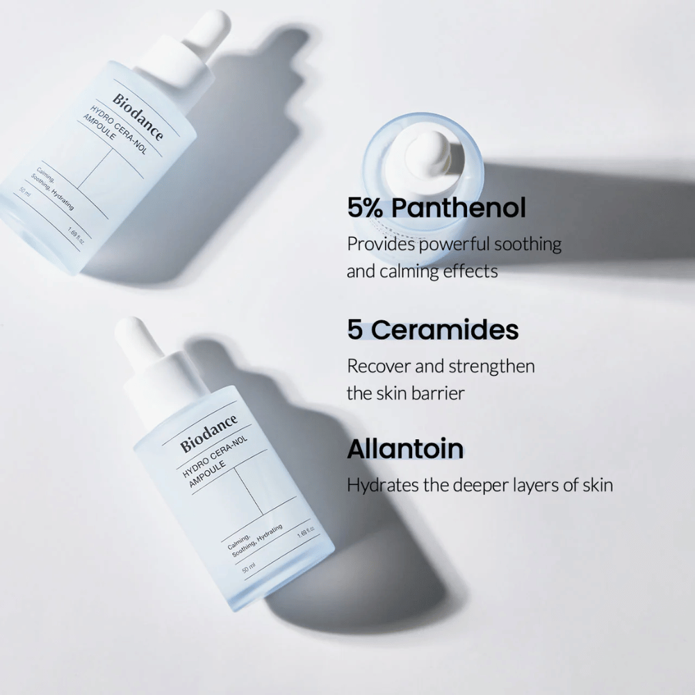 Biodance Hydro Cera-Nol Ampoule – Intensive hydration and skin barrier strengthening.

💙 5% Panthenol – Soothes and reduces skin irritation.
🛡️ 5 Ceramides – Rebuilds and strengthens the skin's protective barrier.
💧 Allantoin – Deeply moisturizing for softer skin.

Perfect for sensitive and dry skin that needs extra care!