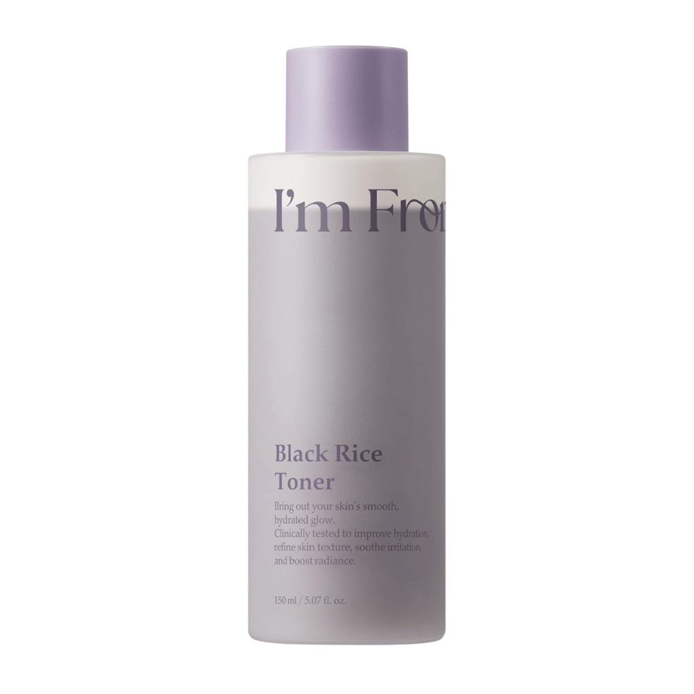 I'm From Black Rice Toner 150 ml, moisturizing facial toner with black rice in a light purple bottle against a white background.