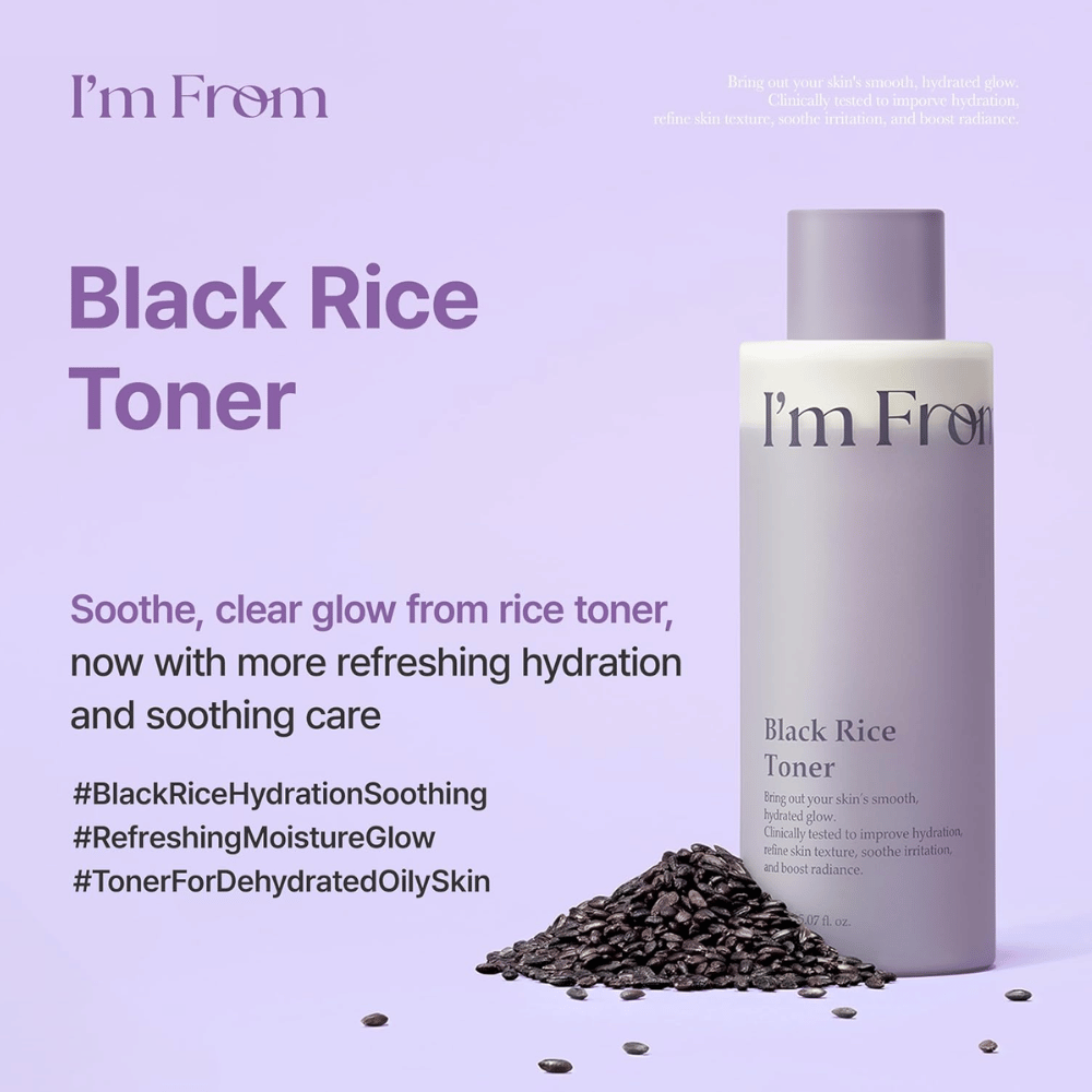 I'm From Black Rice Toner 150 ml with black rice, hydrating toner in a purple bottle with rice grains against a light purple background.