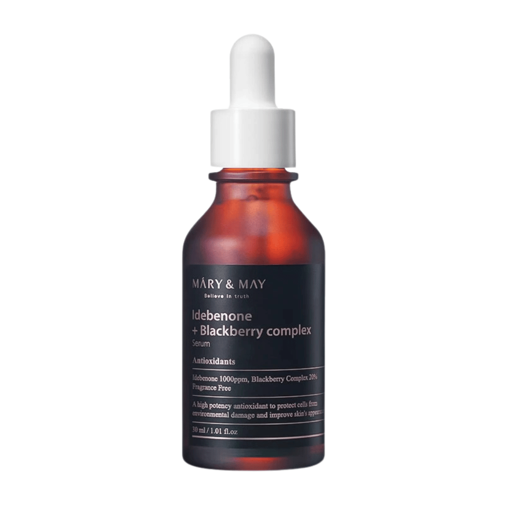 Image of MARY & MAY Idebenone + Blackberry Complex Serum in an elegant, dark glass bottle. The serum contains 1000 ppm idebenone and 20% blackberry complex, providing powerful antioxidants to protect the skin from environmental damage and improve its appearance. The bottle's design highlights the product's quality and effectiveness.
