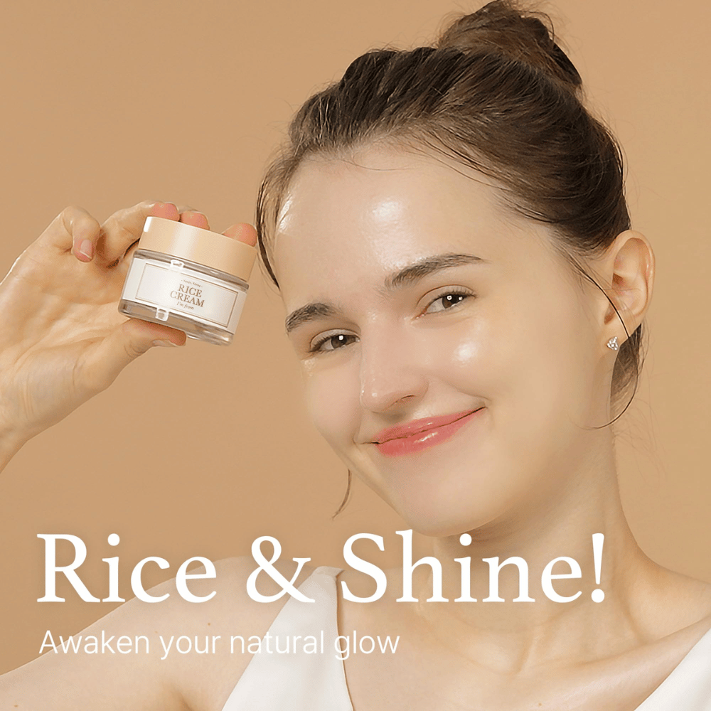 Young woman with a smile holding up a jar labeled "RICE CREAM", with the text "Rice & Shine! Awaken your natural glow" in the background.