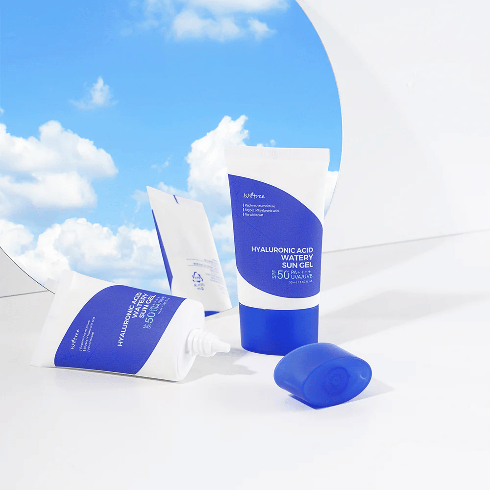 A set of Isntree Hyaluronic Acid Watery Sun Gel Set on a white background.