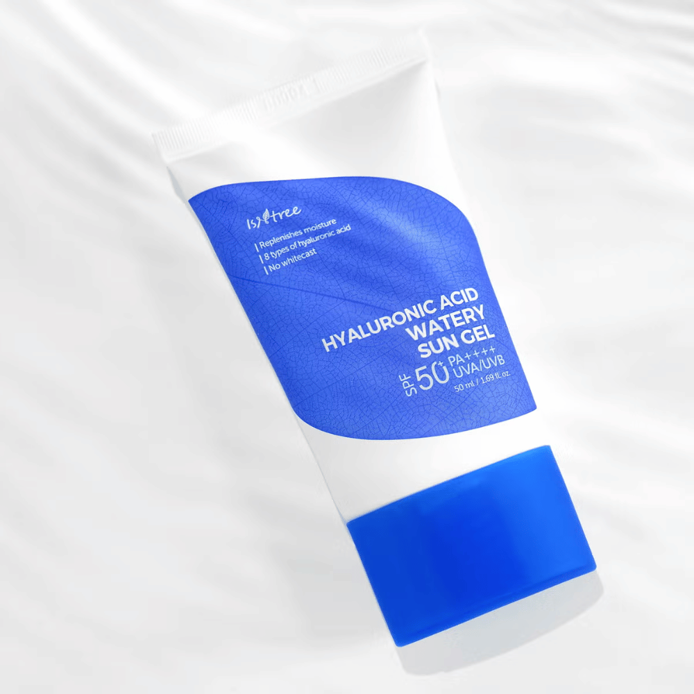 Isntree Hyaluronic Acid Watery Sun Gel SPF50+ PA++++ 50ml – Korean sunscreen with 8 types of hyaluronic acid for intensive hydration and UV protection.