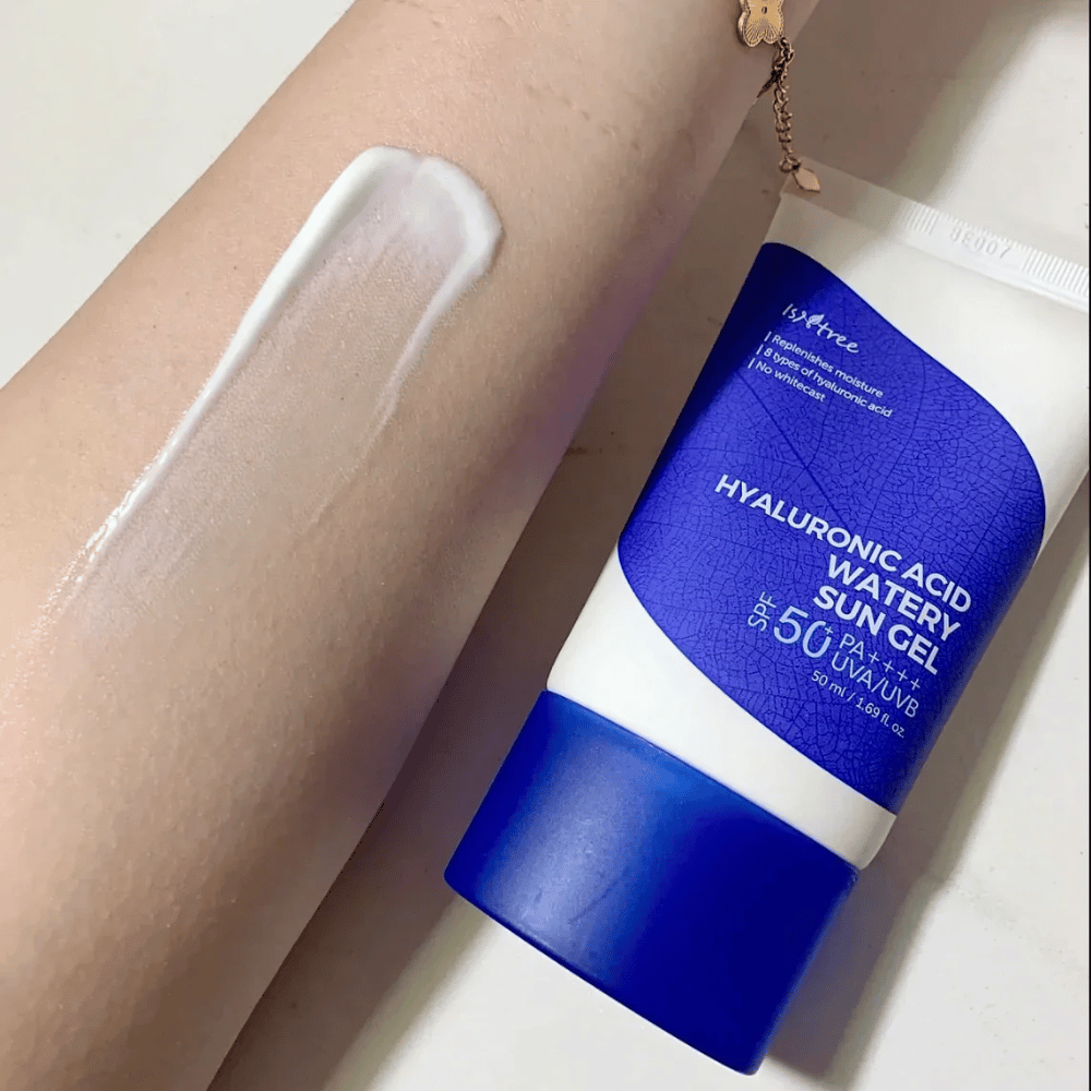 Isntree Hyaluronic Acid Watery Sun Gel SPF50+ PA++++ 50ml – moisturizing sunscreen with hyaluronic acid, shown on the skin without white cast.