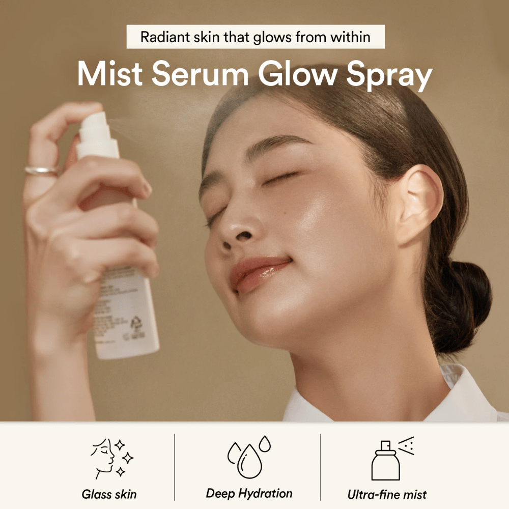 Woman sprays Abib Jericho Rose Mist Serum on her face. Fine mist that provides deep hydration and glow effect.