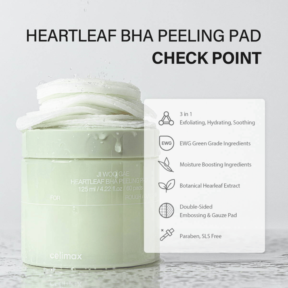 Celimax Ji Woo Gae Heartleaf BHA Peeling Pad is a multifunctional product that exfoliates, moisturizes, and soothes the skin. With an EWG green rating, it contains moisturizing ingredients and botanical heartleaf extract.