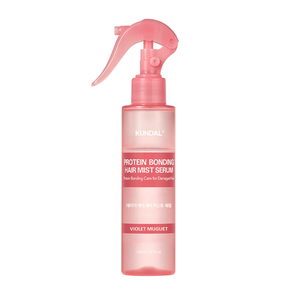 KUNDAL Protein Bonding Hair Mist Serum Violet Muguet in pink spray bottle, 150 ml, for damaged hair with strengthening and rebuilding effect.