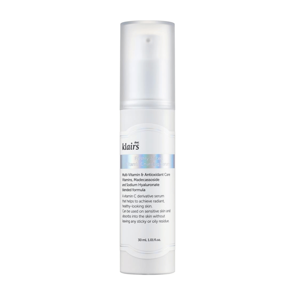 A white serum bottle from Klairs, Freshly Juiced Vitamin Charging Serum, with text about contents and benefits, on a white background.