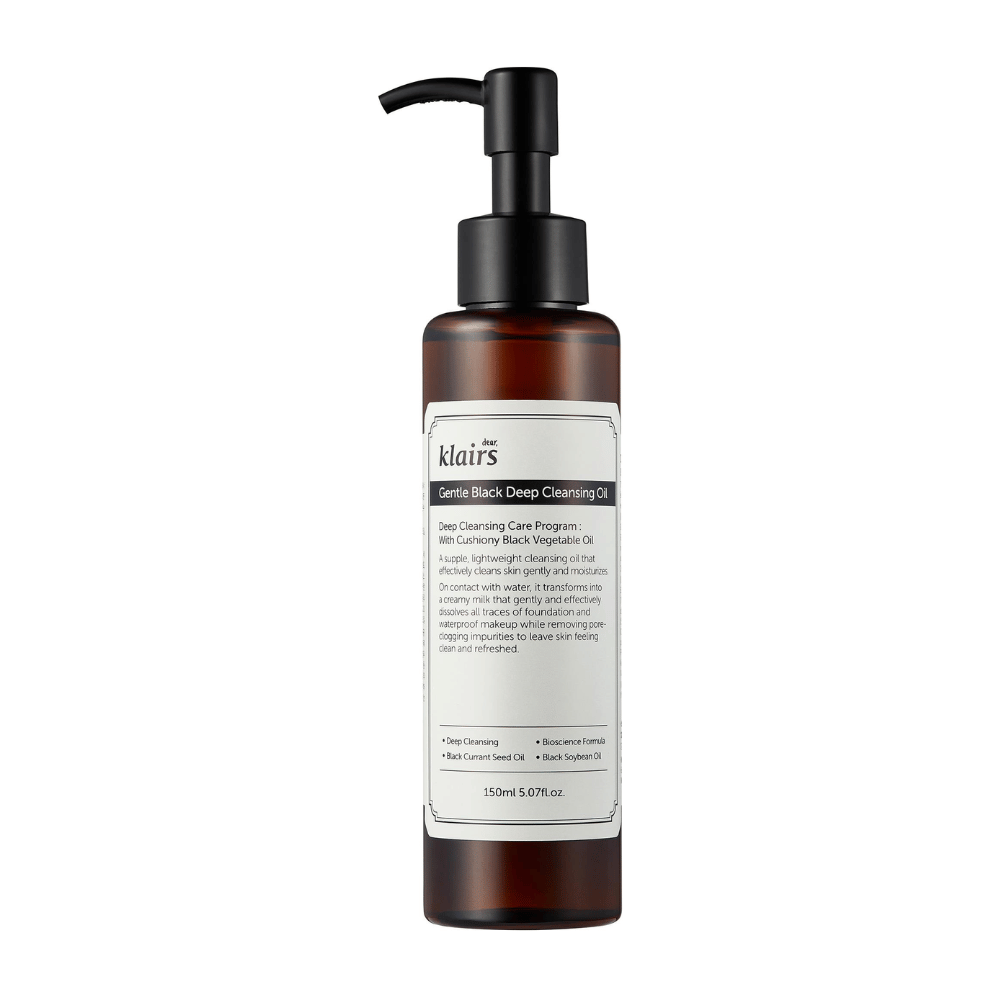 Bottle with Klairs Gentle Black Deep Cleansing Oil, a cleansing oil, with a black pump and text describing the product, against a white background.