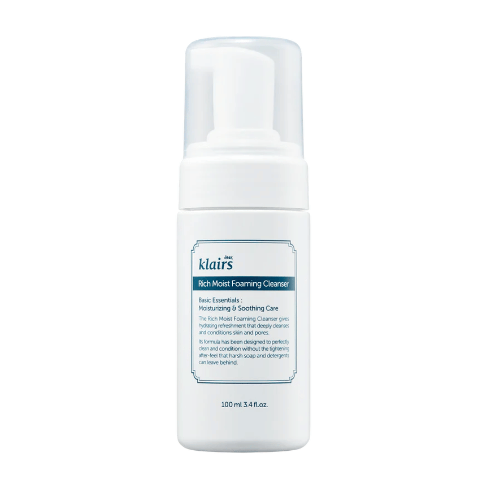 A pump bottle of Klairs Rich Moist Foaming Cleanser with a description of moisturizing and soothing properties, against a white background.