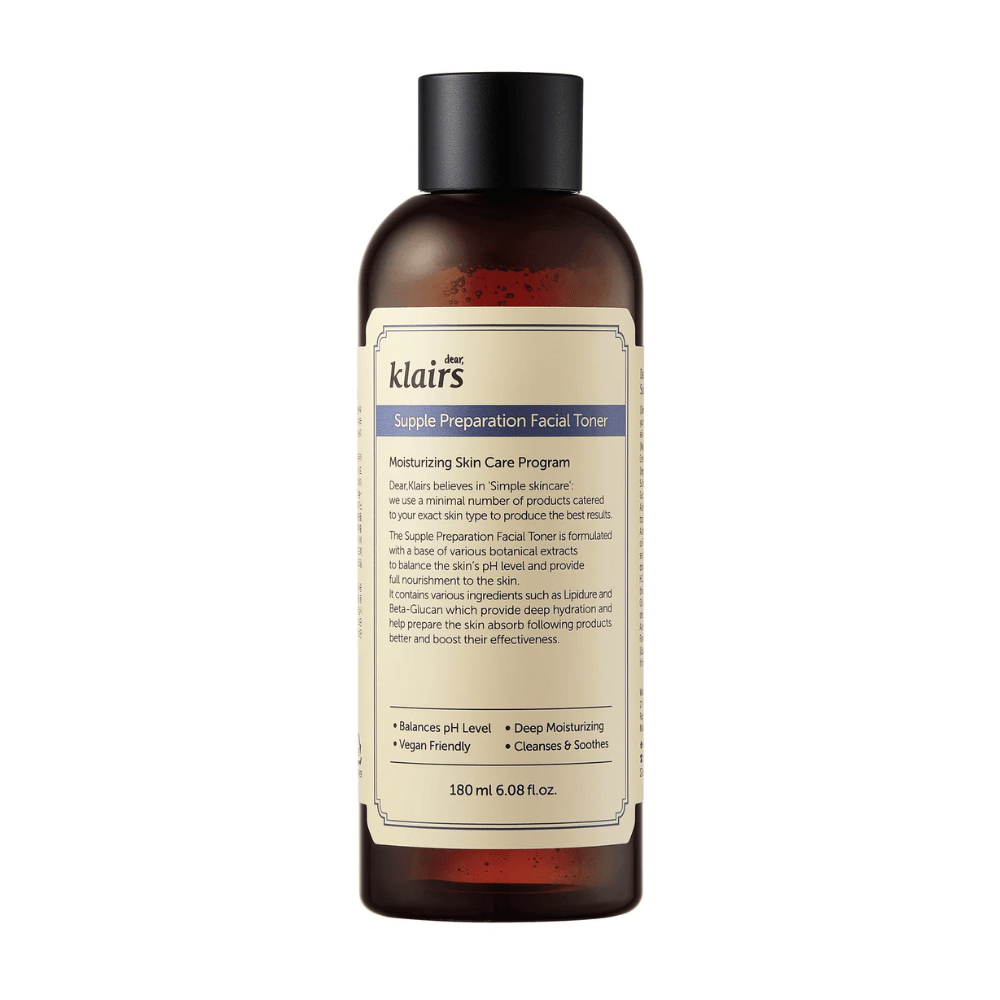 A brown bottle of Klairs Supple Preparation Facial Toner with a white label, detailed product information and benefits, against a white background.