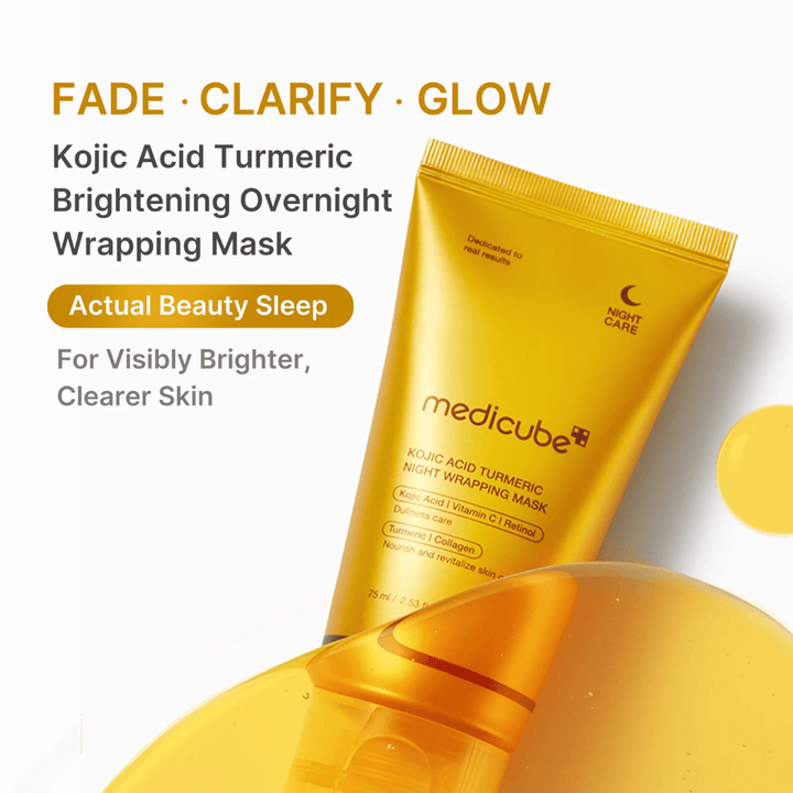 Medicube Kojic Acid Turmeric Night Wrapping Mask in a gold-colored tube for nighttime skincare that helps provide clearer, more even, and more radiant skin.