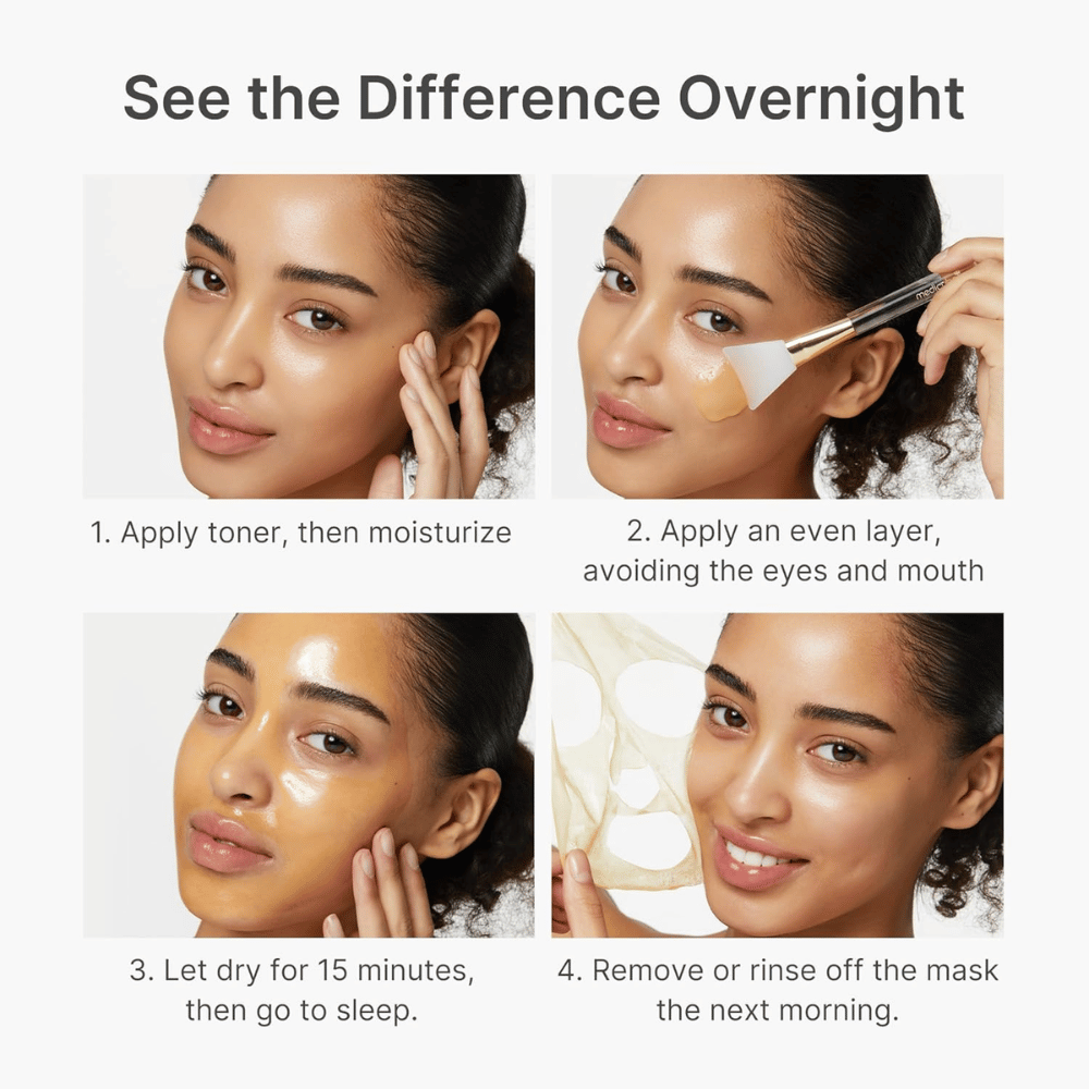 Medicube Kojic Acid Turmeric Night Wrapping Mask is applied as a night mask in four steps for clearer, more even, and more radiant skin overnight.