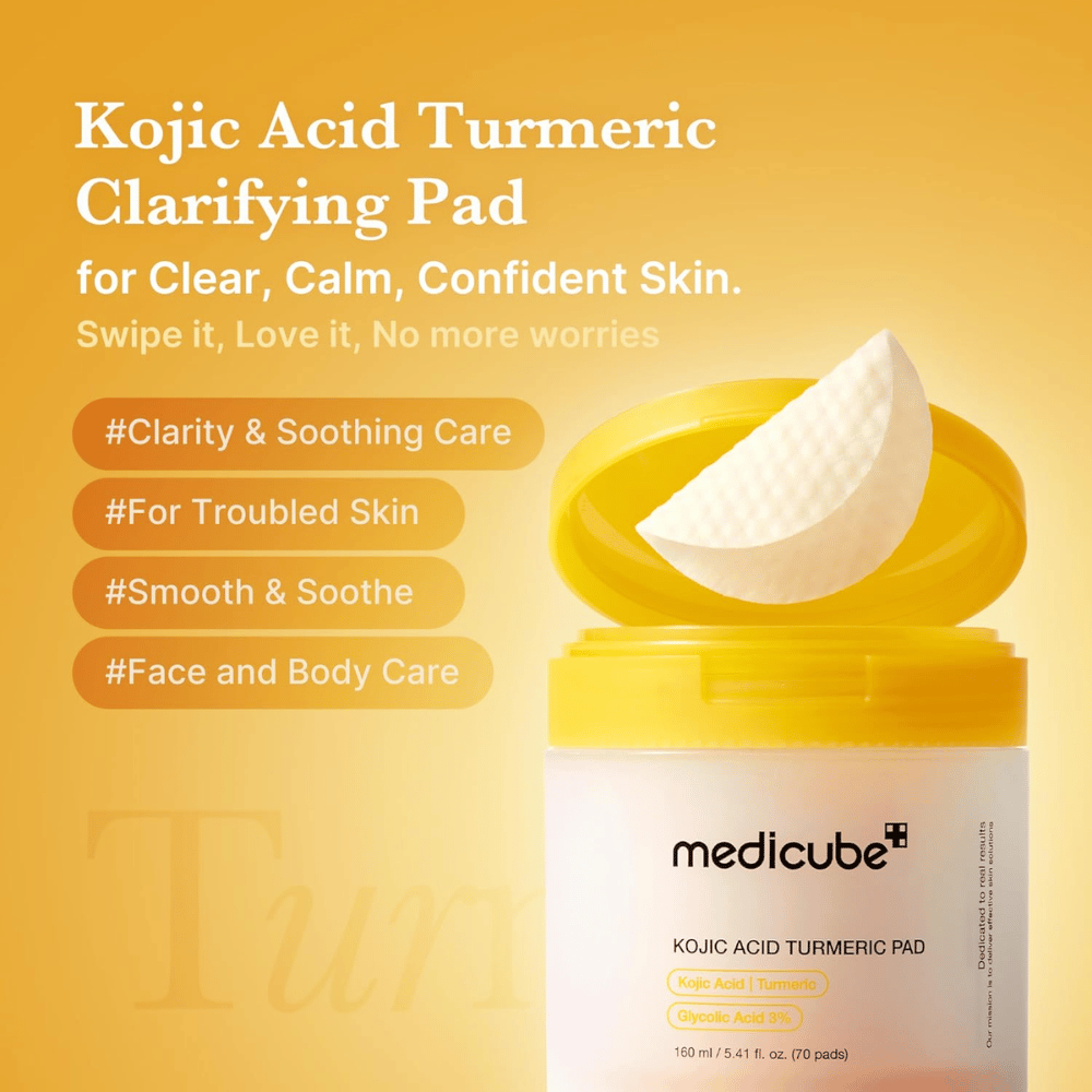 Promotional image for Medicube Kojic Acid Turmeric Pad highlighting exfoliating pads for clearer skin, soothing care, and use on both the face and body.